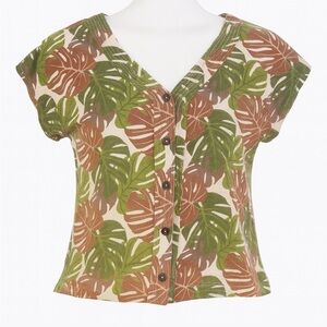 Tahari 100% Linen Tropical Monstera Button-Front Top – Women’s Medium